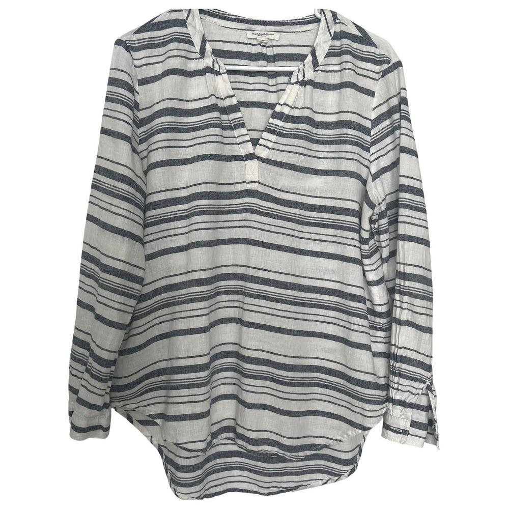 BeachLunchLounge Women L Long Sleeve Tunic Top White Gray Striped Linen Blend